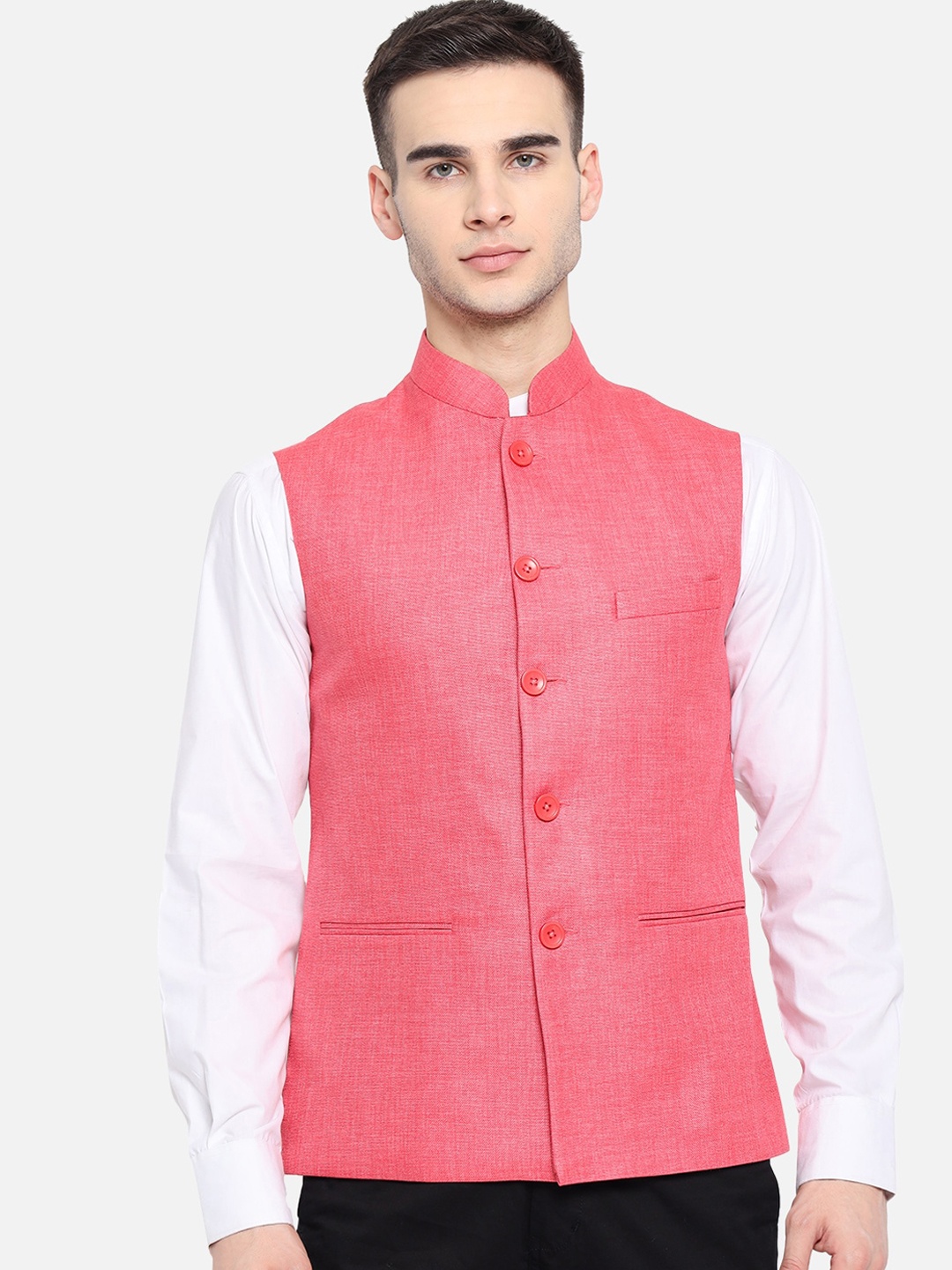 

Vastraa Fusion Men Pink Solid Woven Nehru Jacket