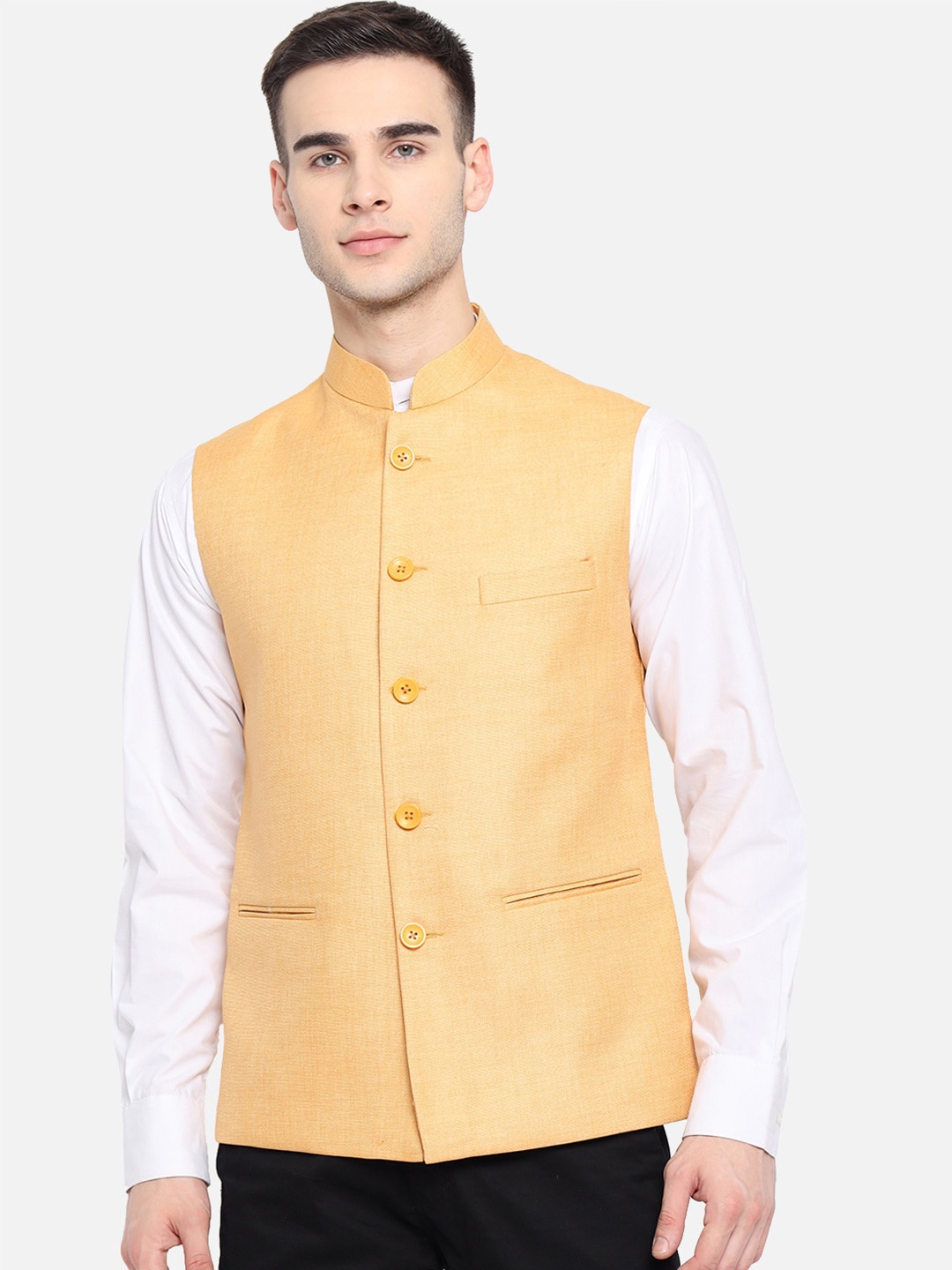 

Vastraa Fusion Men Yellow Solid Woven Nehru Jacket