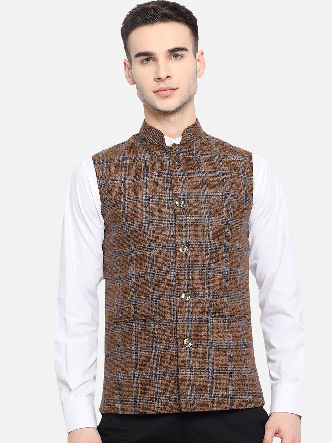 

Vastraa Fusion Men Brown & Grey Checked Woven Nehru Jacket