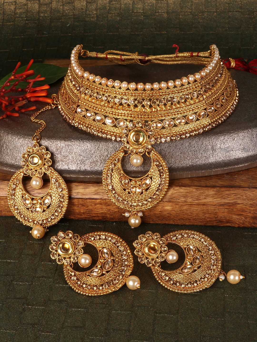 

PENNY JEWELS Gold-Plated Floral Stone-Studded Traditional Jewellery Set
