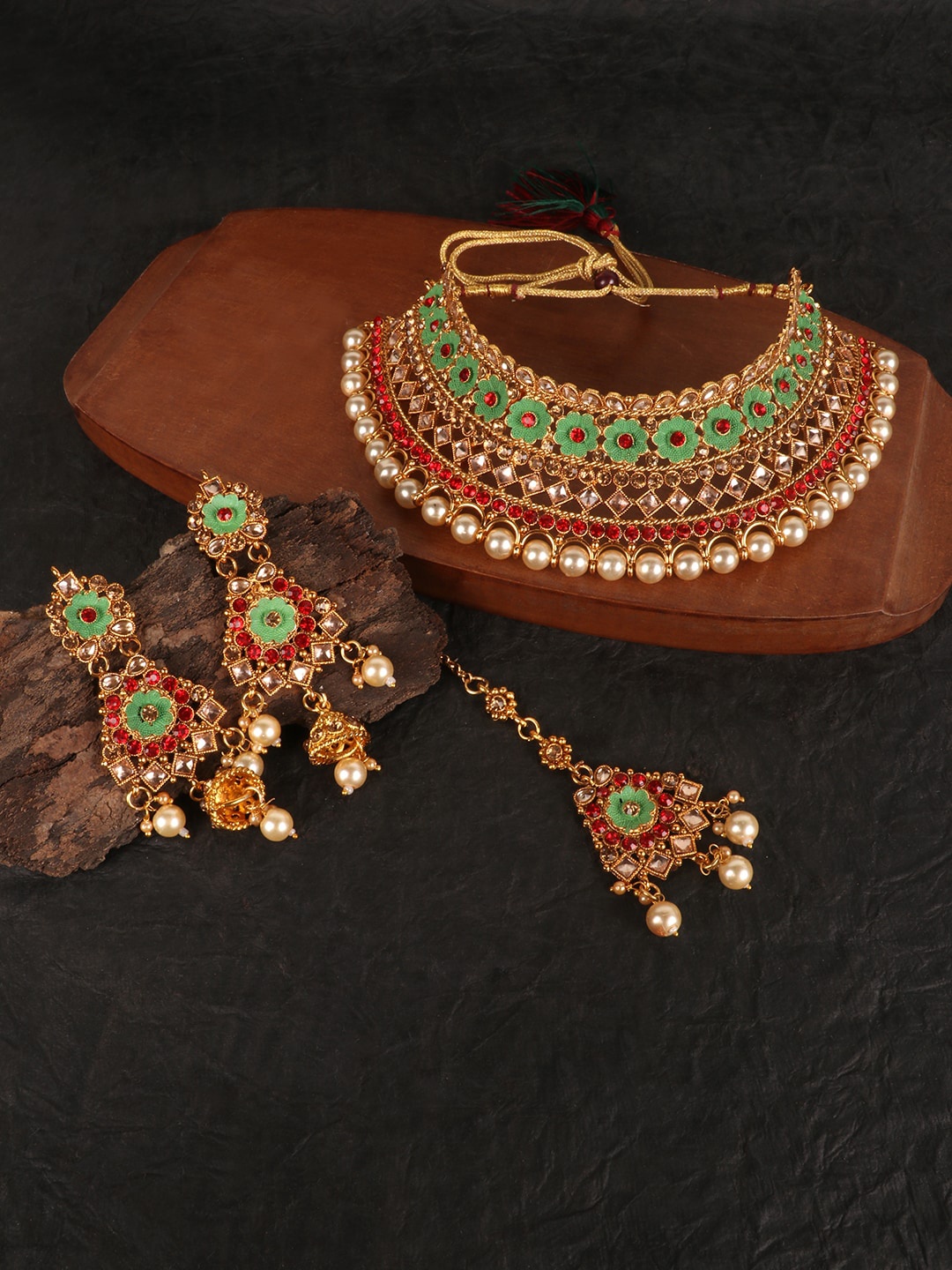 

PENNY JEWELS Woman Multi coloured Enamelled Choker with Jhumka Earring & Maangtika