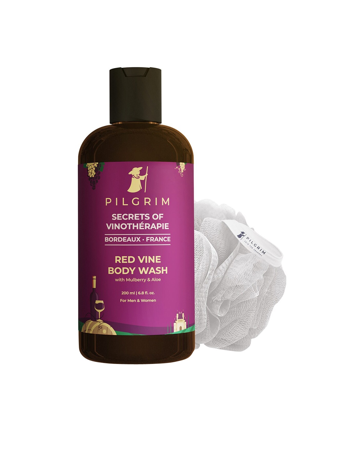 

Pilgrim Red Vine Body Wash & Shower Gel with free loofah for Gentle Deep Cleanse, Burgundy