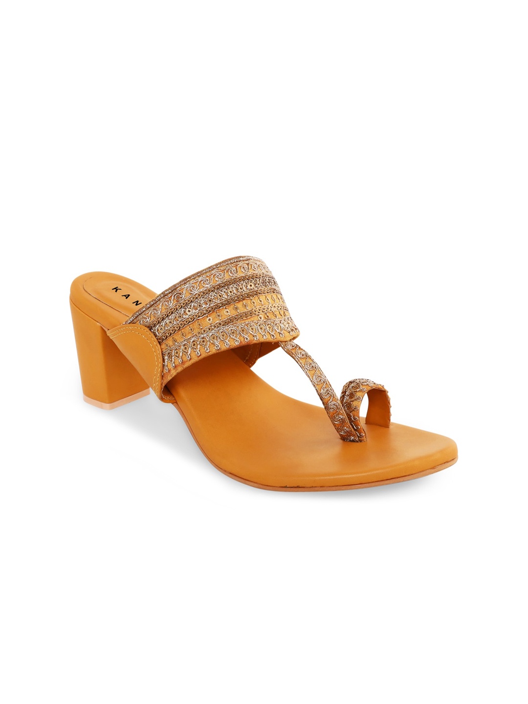 

Kanvas Women Yellow Embellished Leather Ethnic One Toe Flats