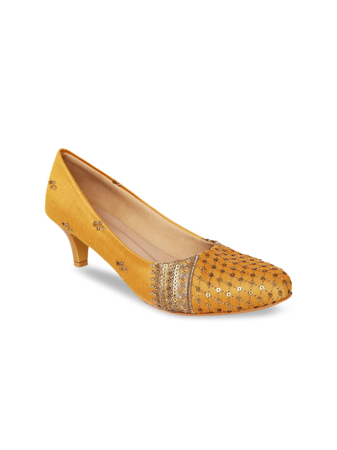 

Kanvas Yellow Embellished Ethnic Kitten Pumps