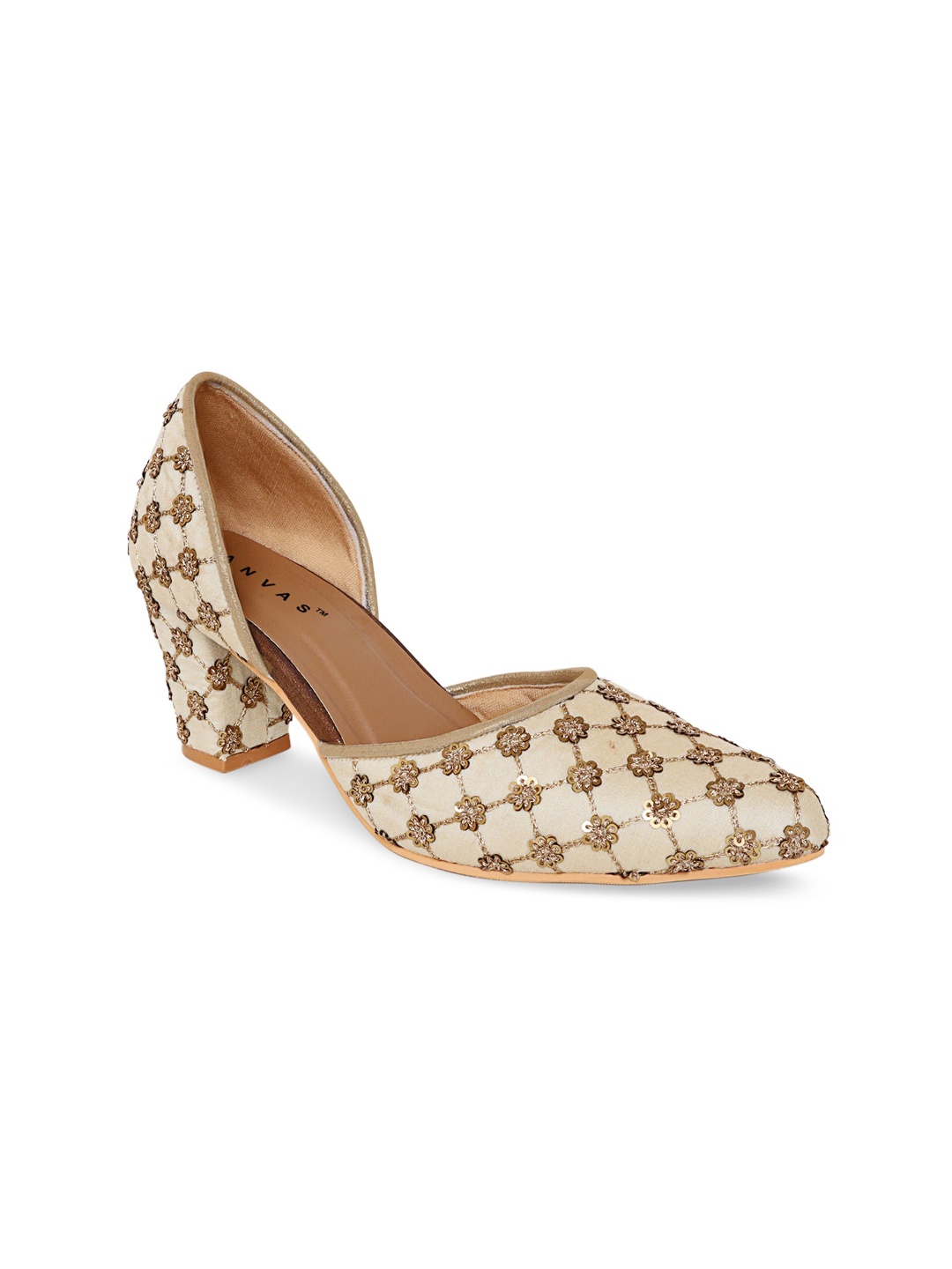 

Kanvas Off White & Gold-Toned Ethnic Embellished Block Pumps