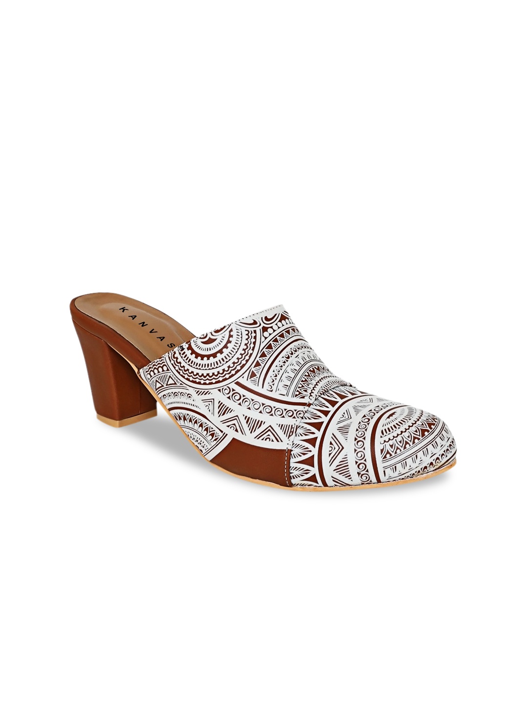 

Kanvas Tan Leather Ethnic Printed Block Mules