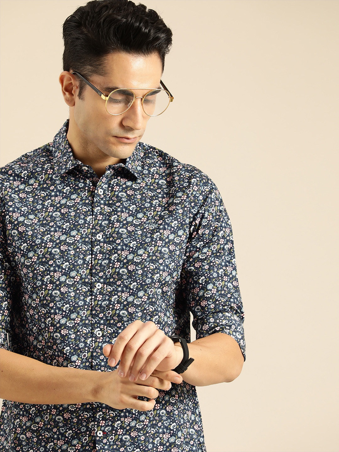 

Being Human Men Navy Blue Floral Printed Slim Fit Pure Cotton Casual Shirt