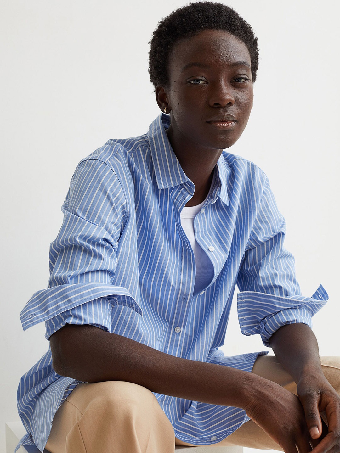 

H&M Women Blue & White Cotton shirt