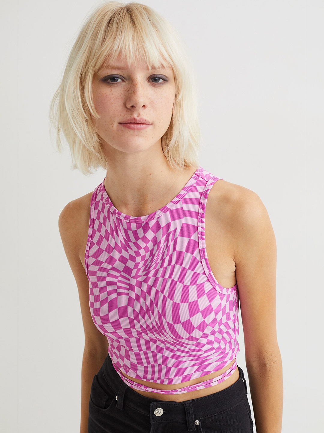 

H&M Woman Pink Tie-detail ribbed vest top
