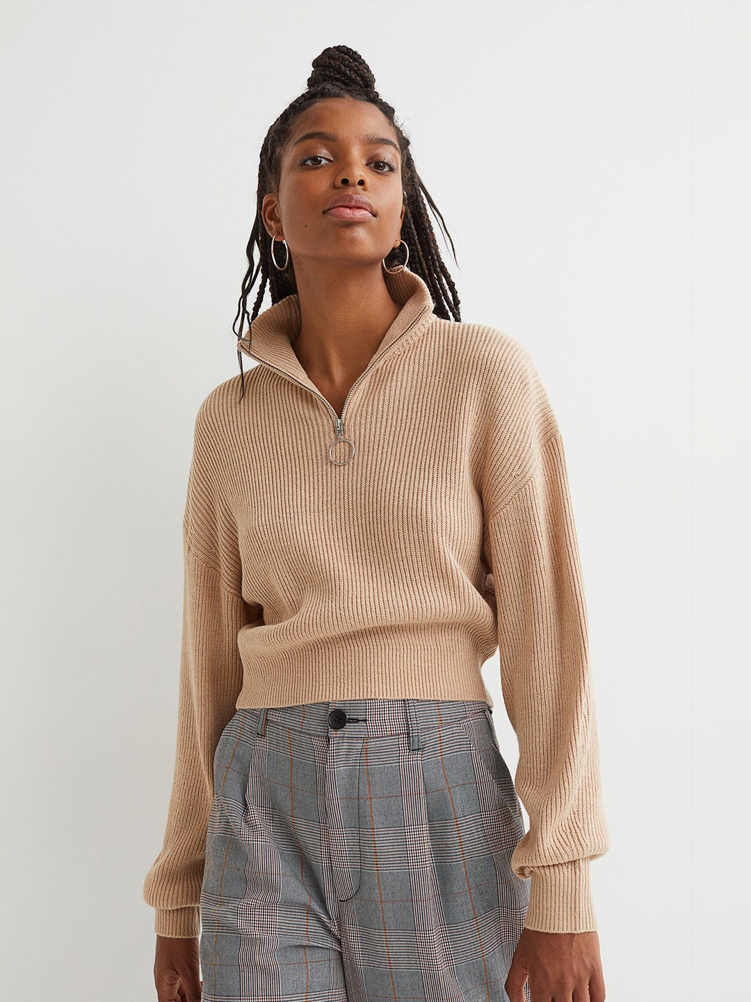 

H&M Women Beige Ribbed Stand-Up Collar Jumper