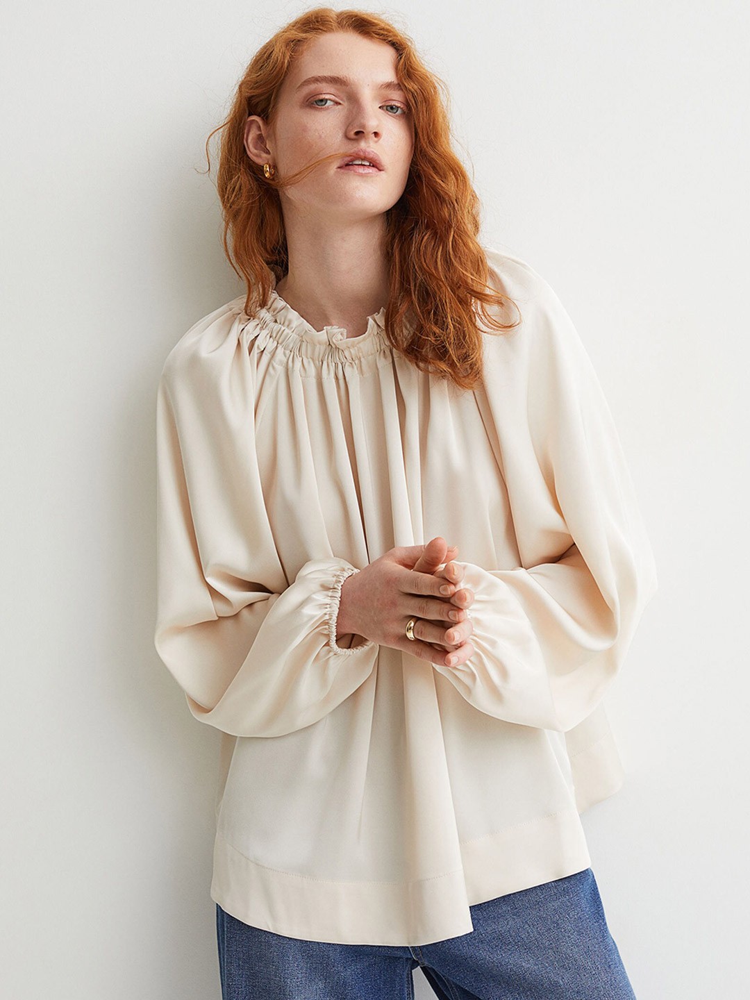 

H&M Women Beige Balloon-sleeved Blouse