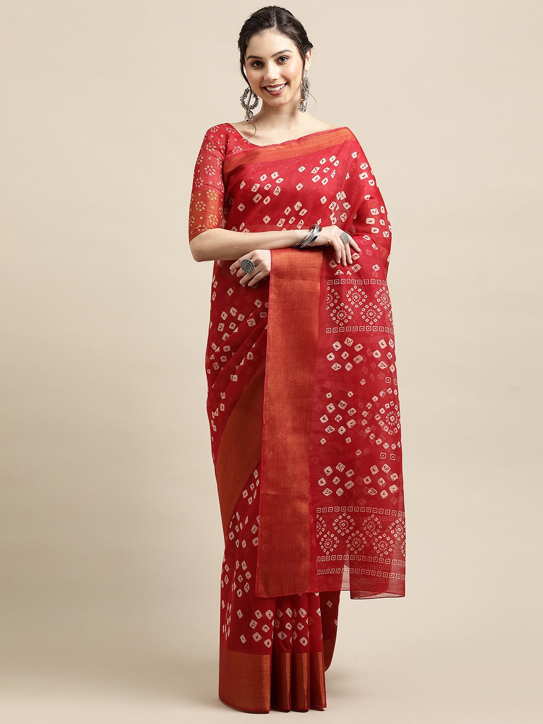 

Saree mall Red & White Bandhani Zari Linen Blend Bandhani Sarees