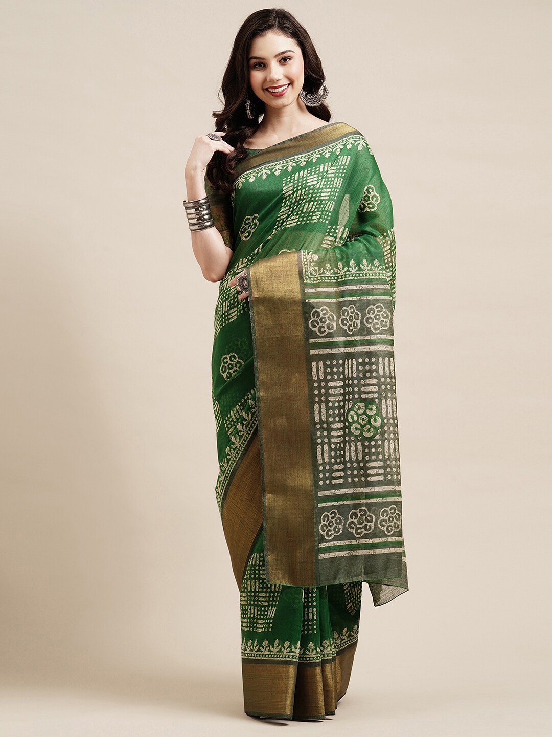 

Saree mall Green & White Ethnic Motifs Zari Linen Blend Banarasi Sarees