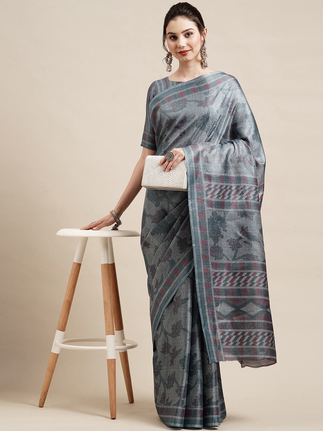 

Saree mall Grey & Maroon Floral Printed Art Silk Sarees