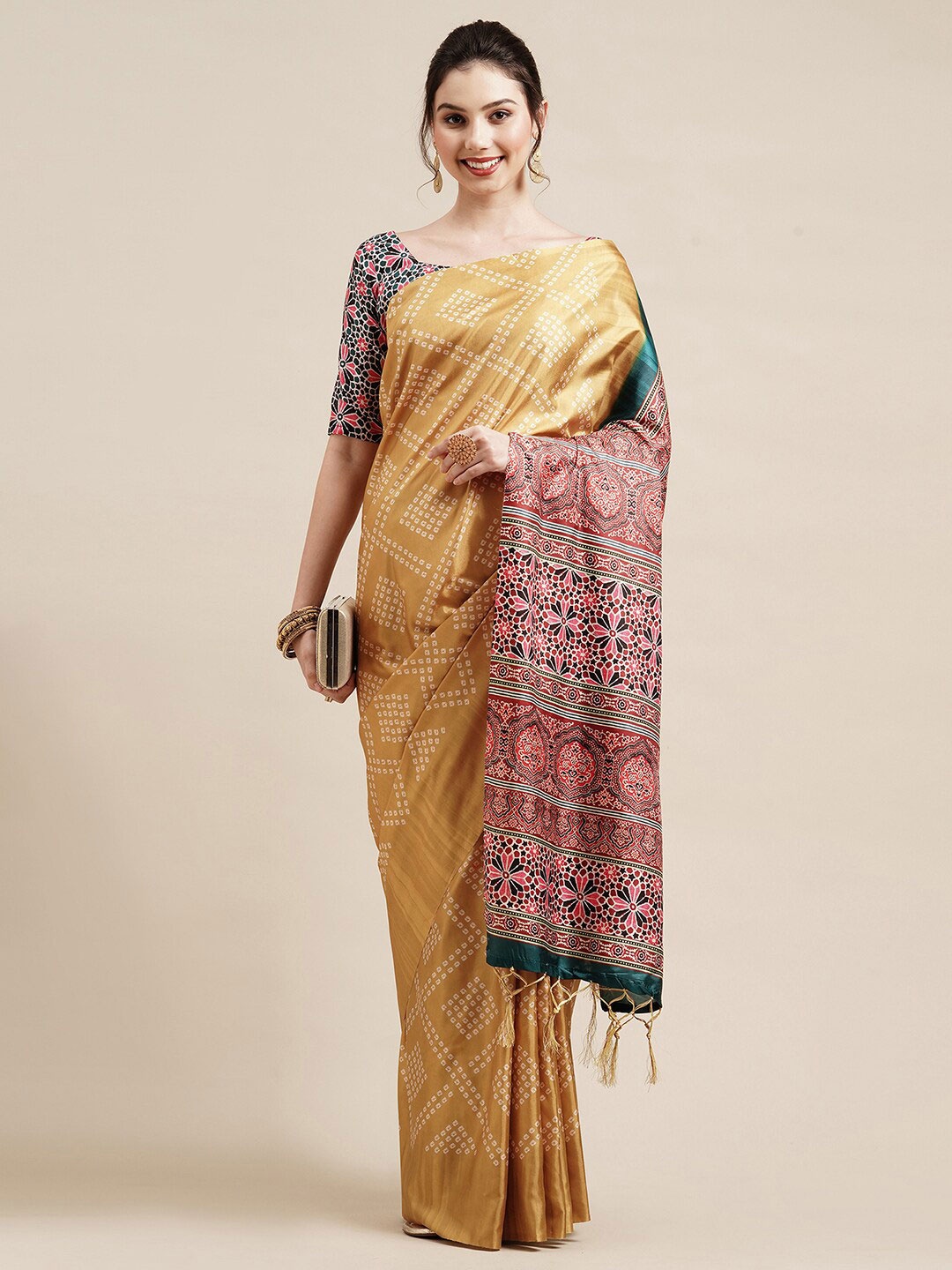 

Saree mall Mustard & Green Bandhani Silk Blend Bandhani Sarees