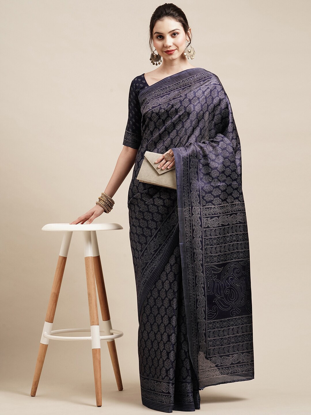 

Saree mall Navy Blue & Grey Paisley Art Silk Saree