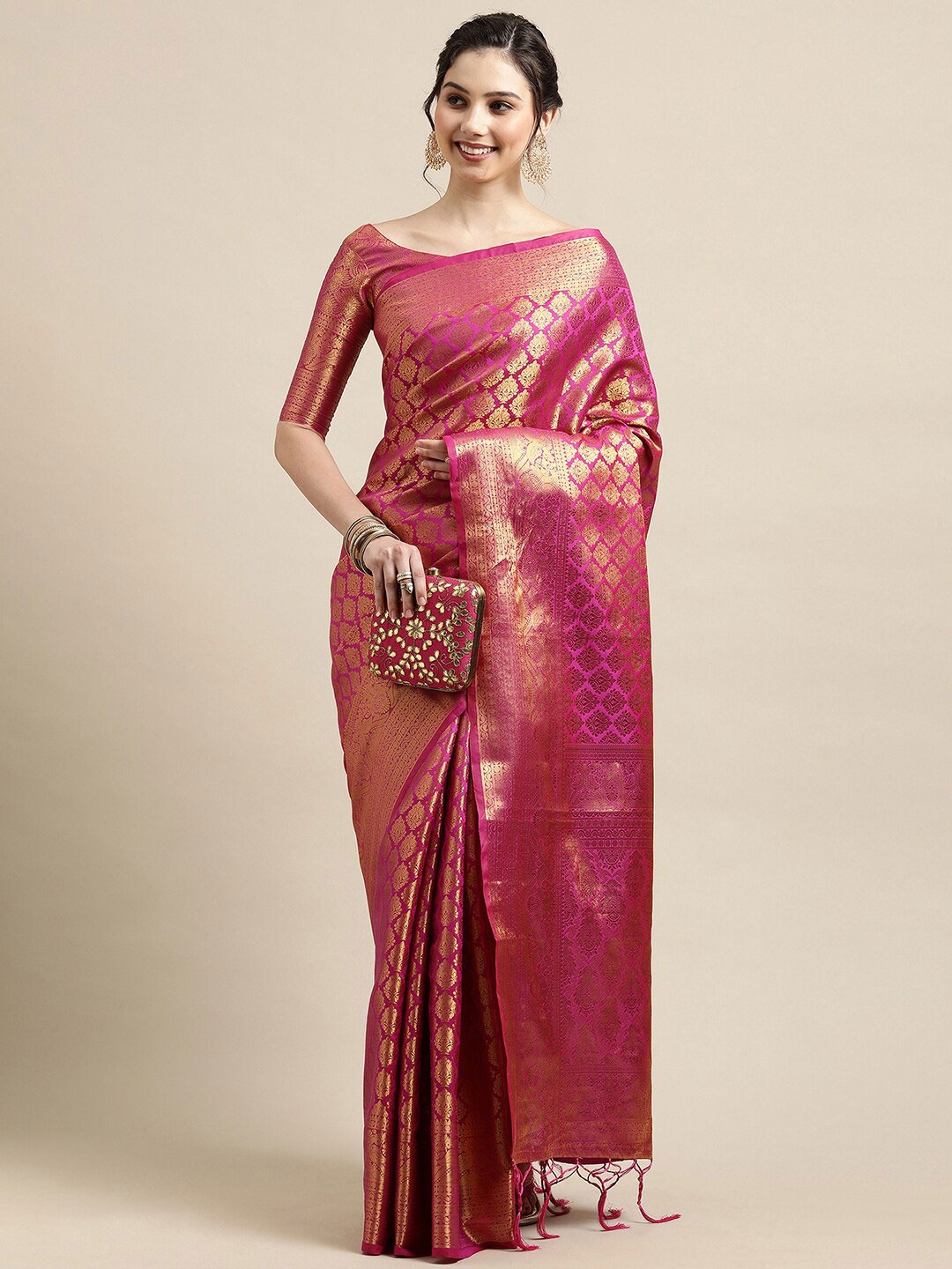 

Saree mall Pink & Gold-Toned Woven Design Zari Silk Blend Banarasi Sarees