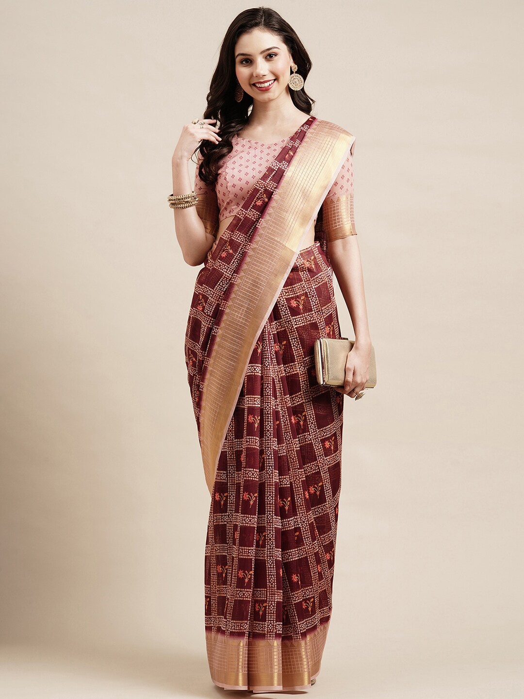 

Saree mall Brown & Gold-Toned Floral Linen Blend Baluchari Sarees