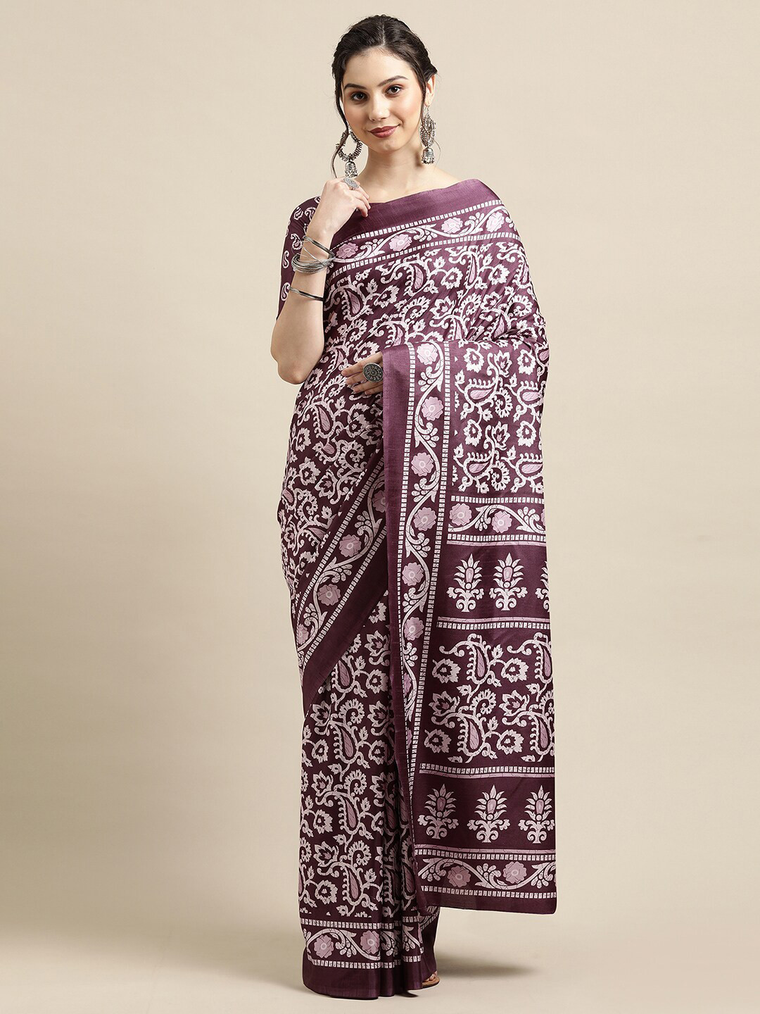 

Saree mall Purple & White Floral Art Silk Sarees