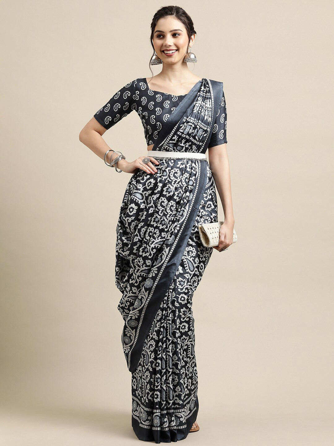 

Saree mall Grey & White Ethnic Motifs Art Silk Sarees