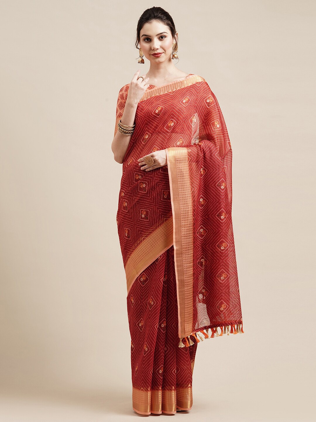 

Saree mall Rust Bandhani Printed Linen Blend Saree