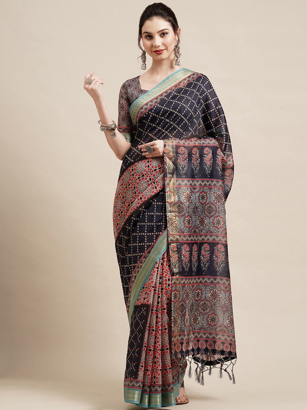 

Saree mall Navy Blue & Red Bandhani Zari Linen Blend Bandhani Saree