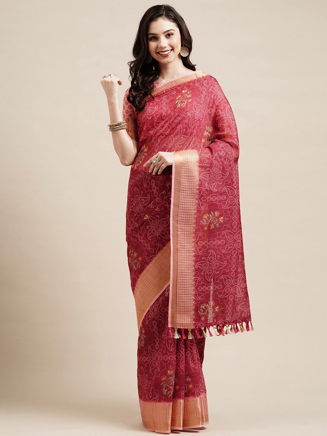 

Saree mall Magenta & White Bandhani Zari Linen Blend Bandhani Sarees