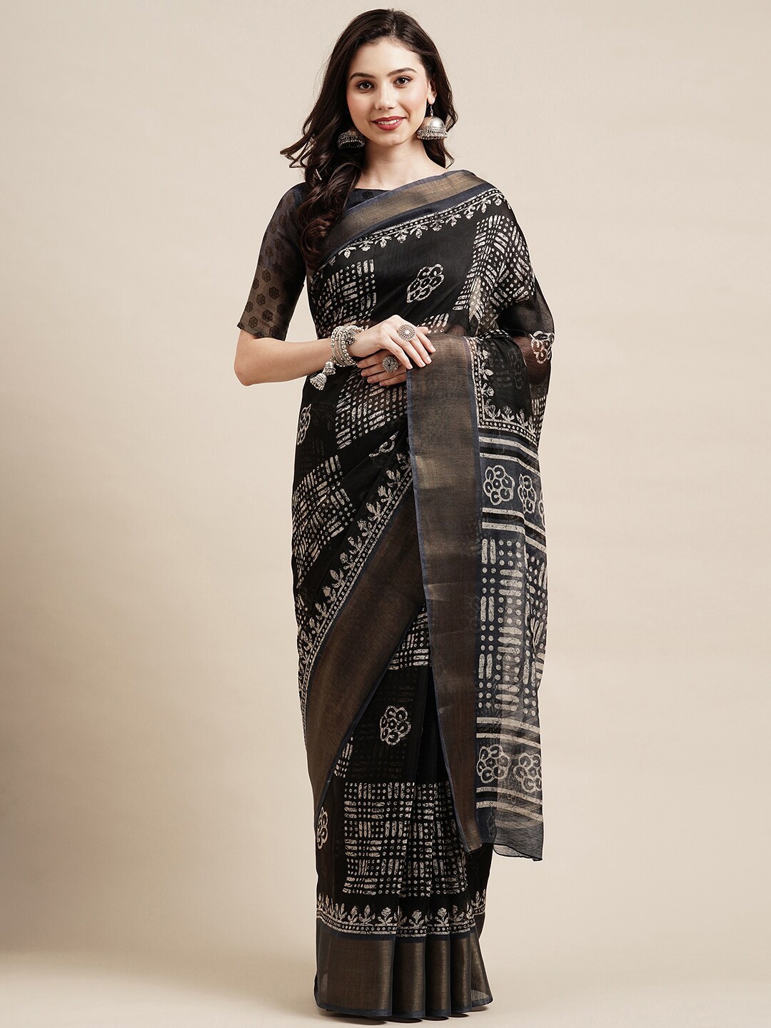 

Saree mall Black & White Batik Linen Blend Banarasi Sarees