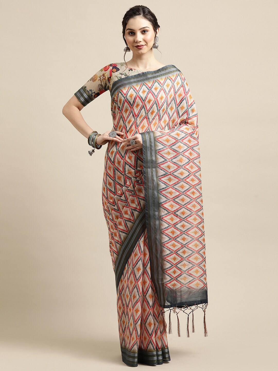 

Saree mall Cream-Coloured & Grey Linen Blend Sarees