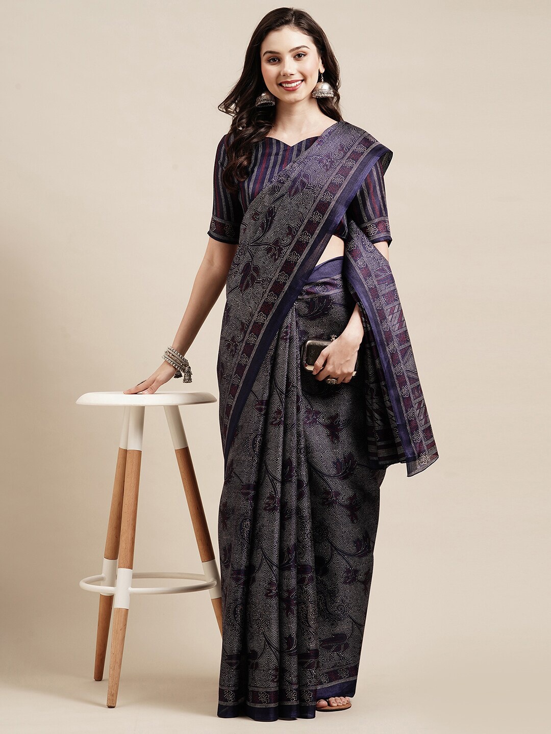 

Saree mall Navy Blue & Grey Floral Art Silk Bhagalpuri Sarees