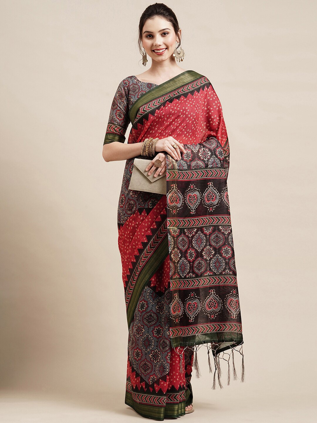 

Saree mall Red & Black Bandhani Zari Linen Blend Bandhani Sarees