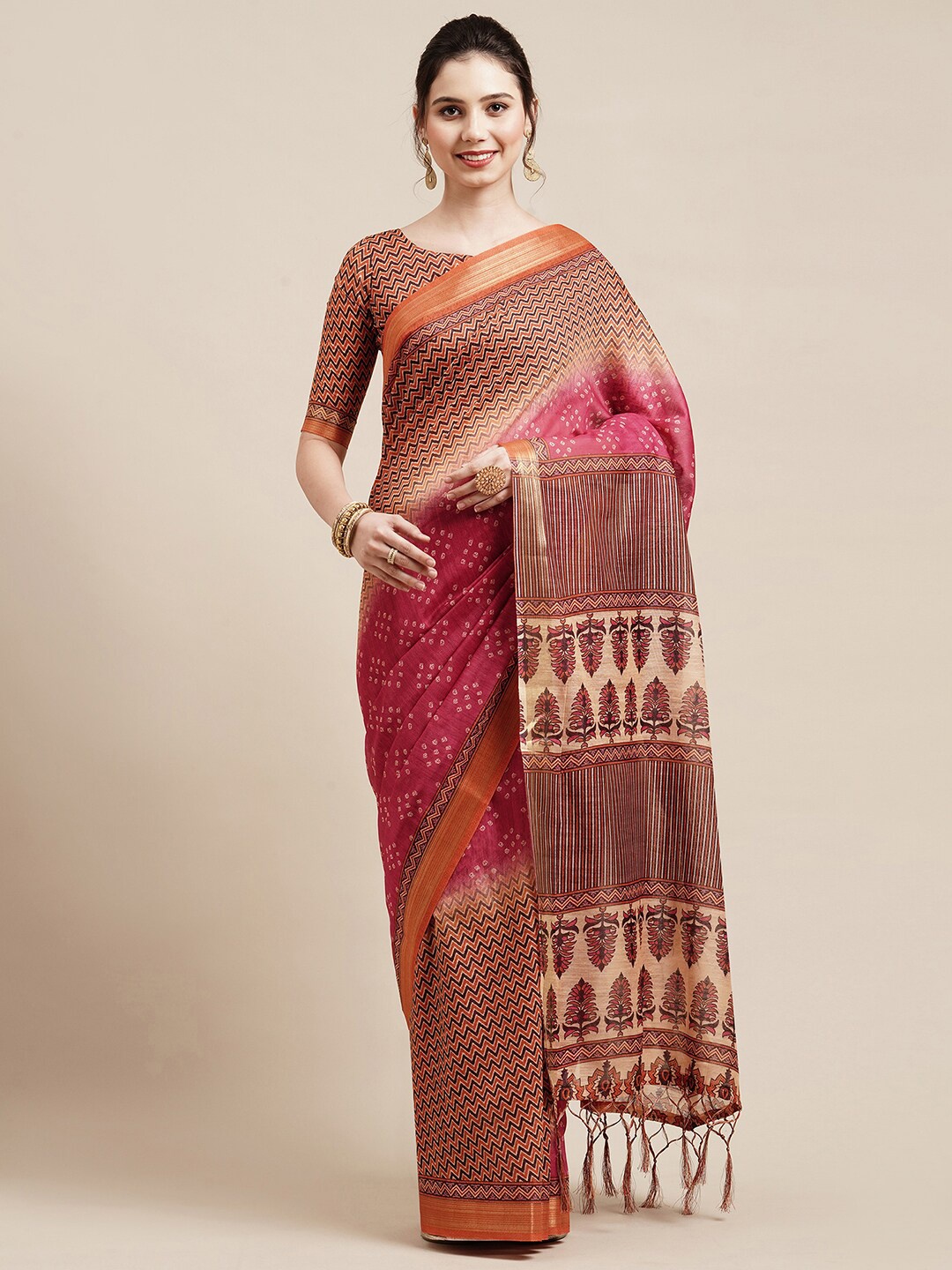

Saree mall Pink & Orange Bandhani Zari Linen Blend Bandhani Sarees