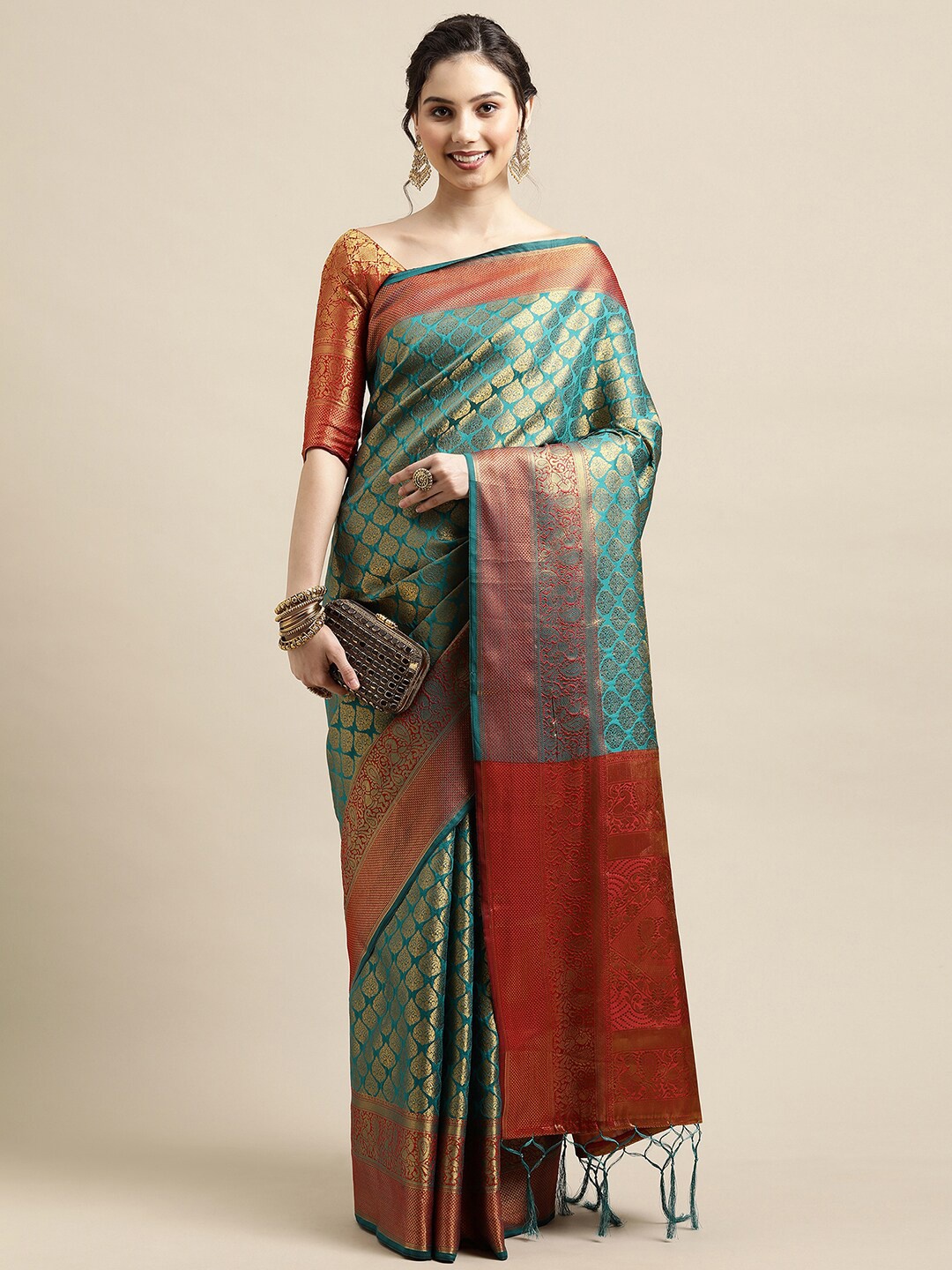 

Saree mall Women Teal & Rust Ethnic Motifs Woven Design Banarasi Saree