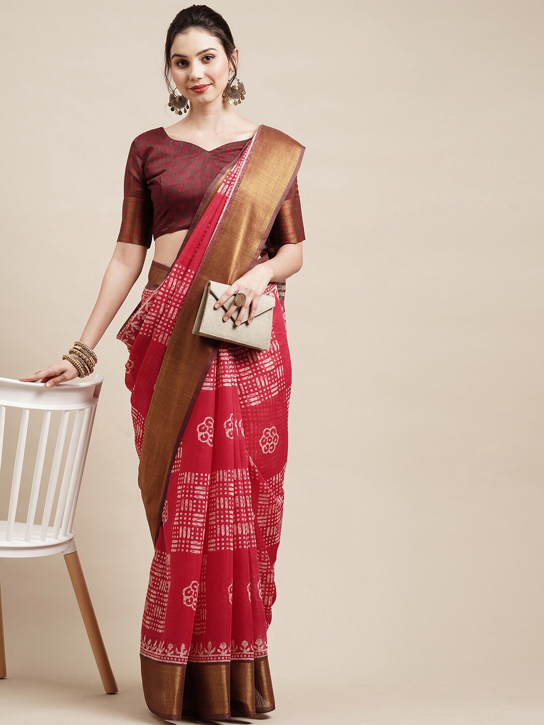 

Saree mall Red & White Ethnic Motifs Zari Linen Blend Banarasi Sarees