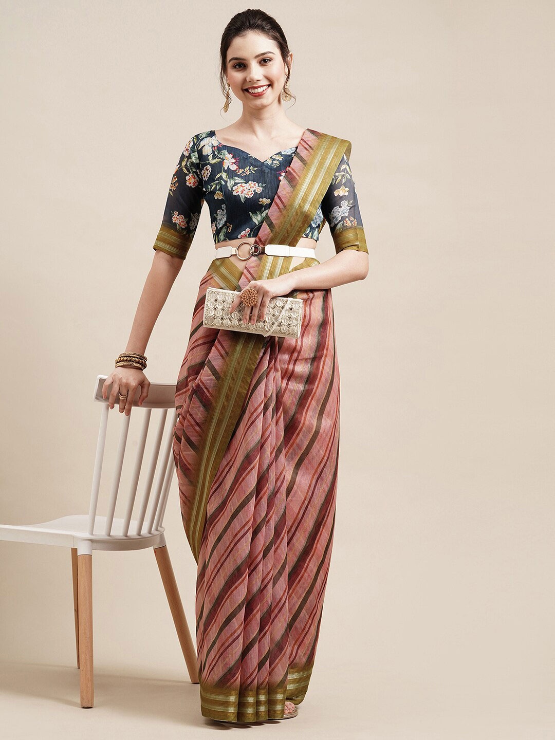 

Saree mall Mauve & Navy Blue Striped Linen Blend Saree