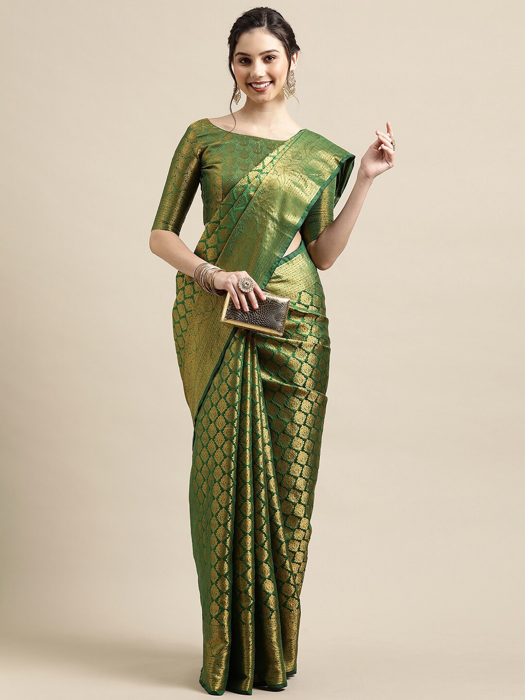 

Saree mall Green & Gold-Toned Woven Design Zari Silk Blend Banarasi Sarees