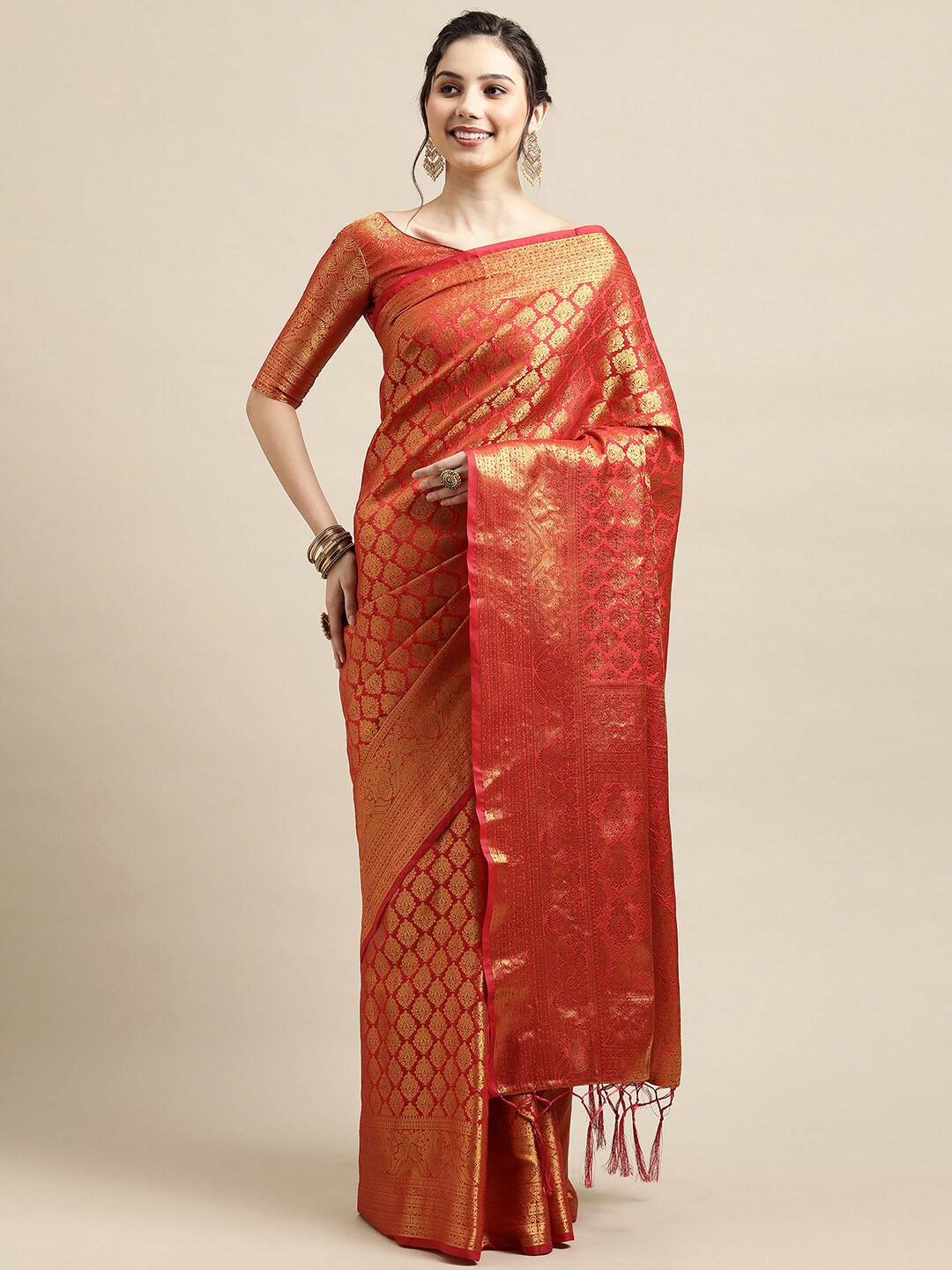 

Saree mall Red & Gold-Toned Woven Design Zari Silk Blend Banarasi Sarees