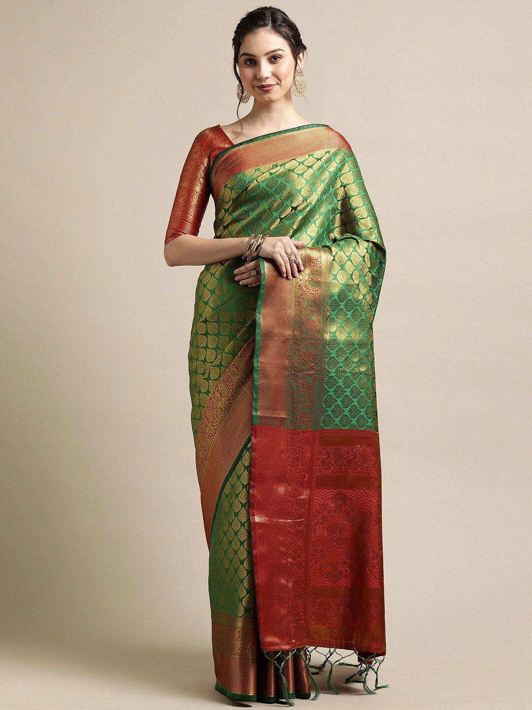 

Saree mall Green & Red Ethnic Motifs Zari Silk Blend Banarasi Sarees