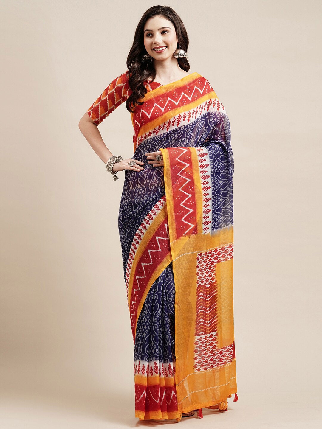 

Saree mall Navy Blue & Red Pure Cotton Sarees