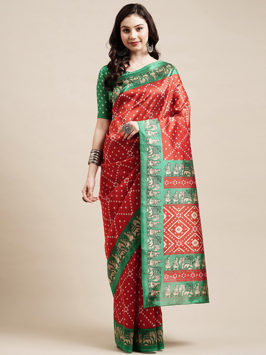 

Saree mall Red & Green Bandhani Printed Saree