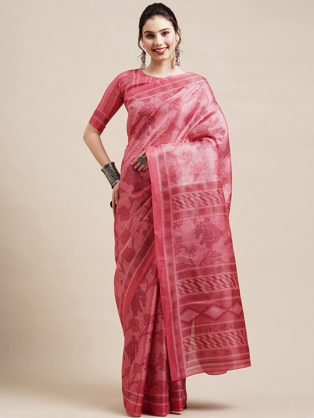 

Saree mall Peach-Coloured & White Floral Art Silk Sarees