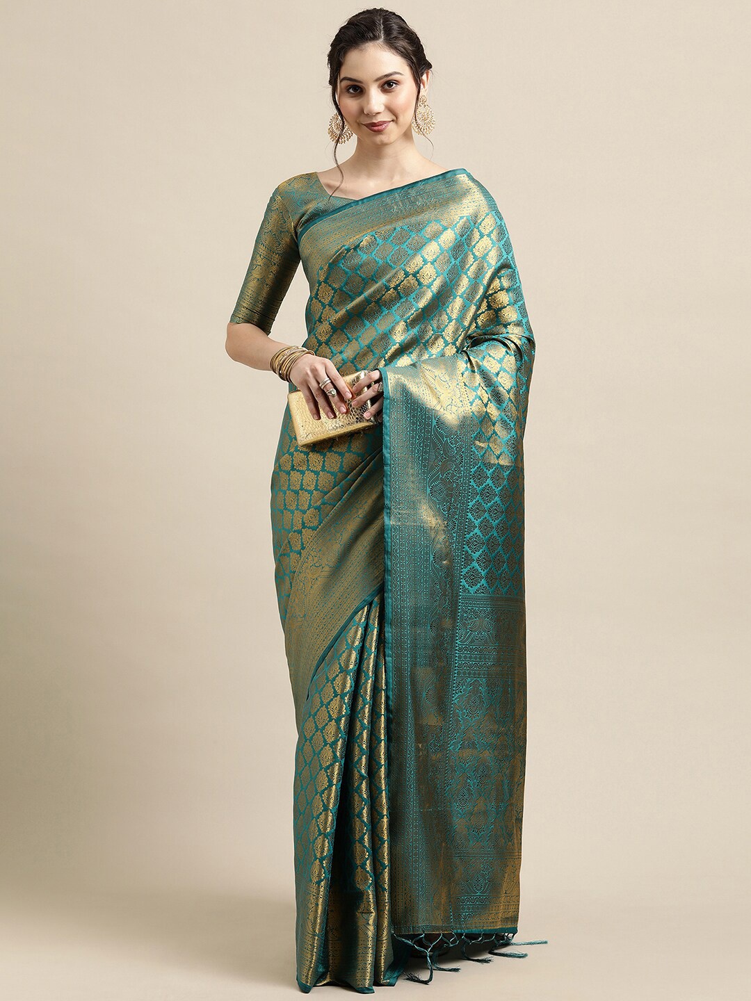 

Saree mall Blue & Gold-Toned Woven Design Zari Silk Blend Banarasi Sarees