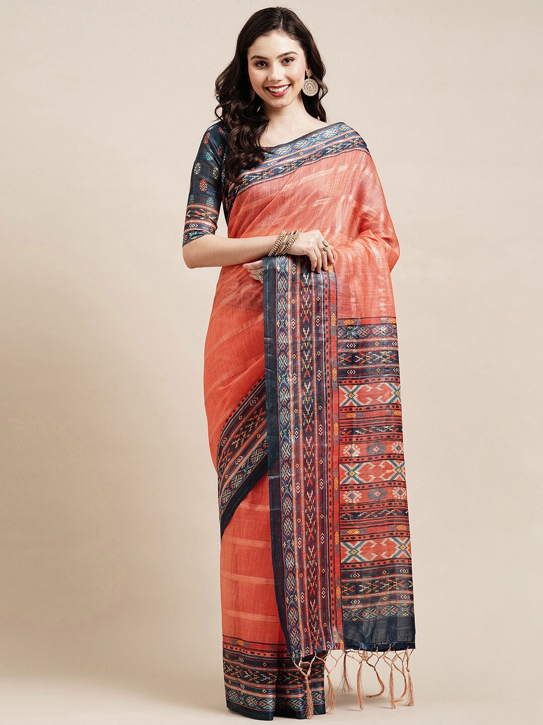 

Saree mall Orange & Black Striped Linen Blend Sarees