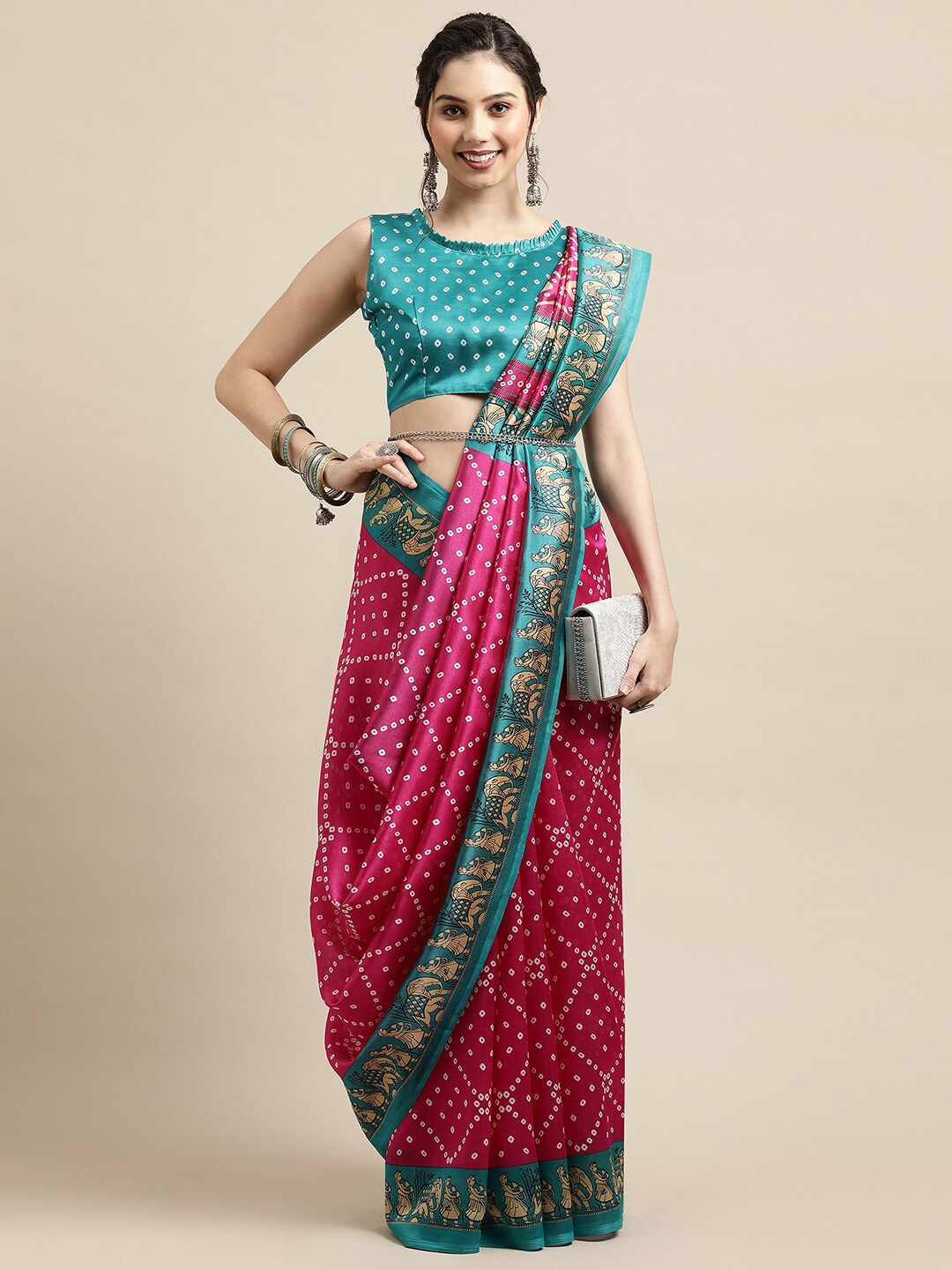 

Saree mall Pink & Teal Bandhani Printed Saree