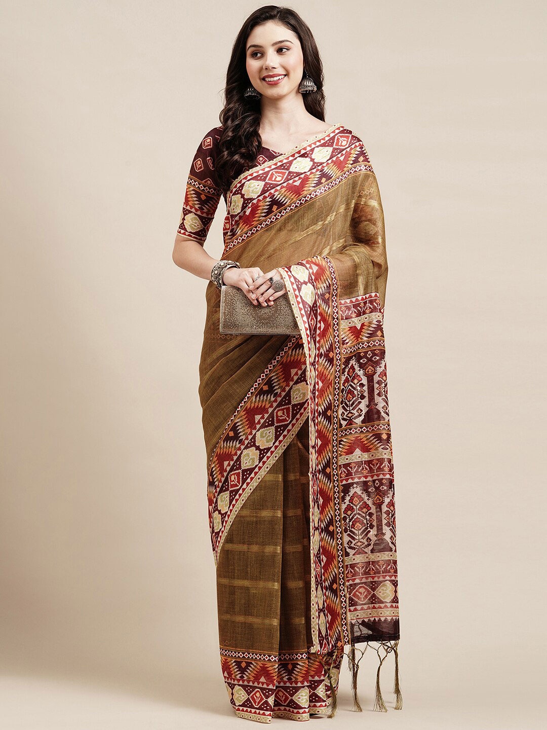 

Saree mall Mustard & Brown Linen Blend Sarees