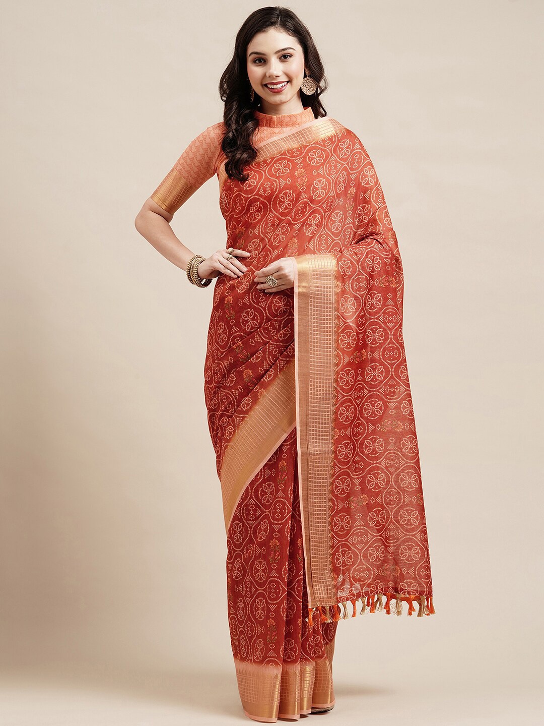 

Saree mall Rust & White Ethnic Motifs Zari Linen Blend Bandhani Sarees