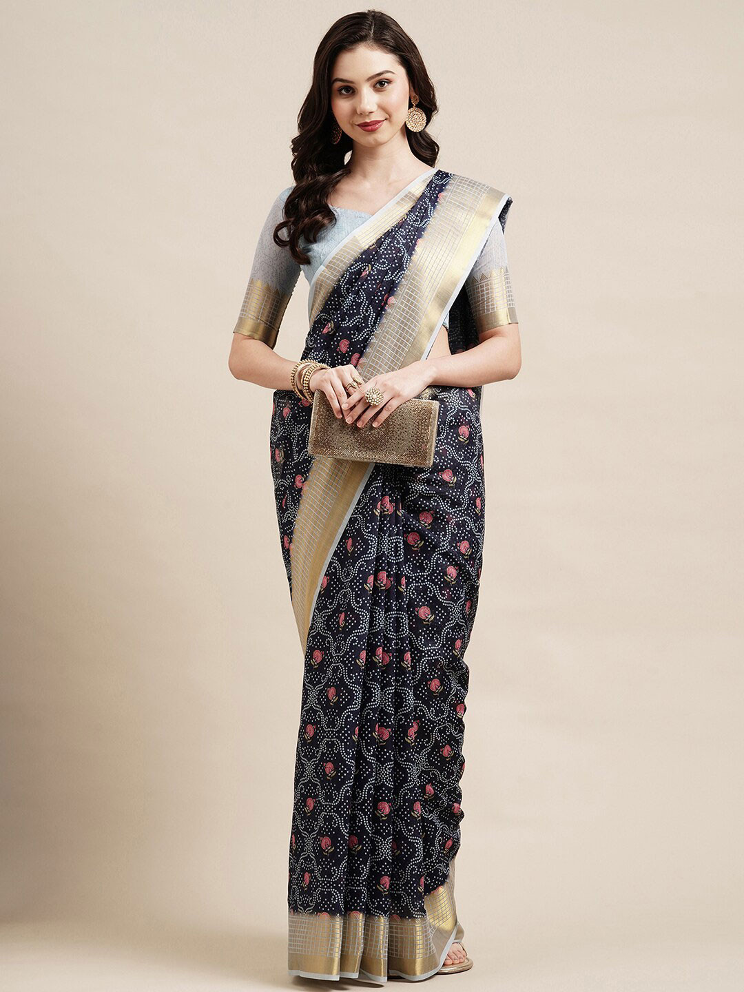 

Saree mall Navy Blue Floral Printed Linen Blend Saree