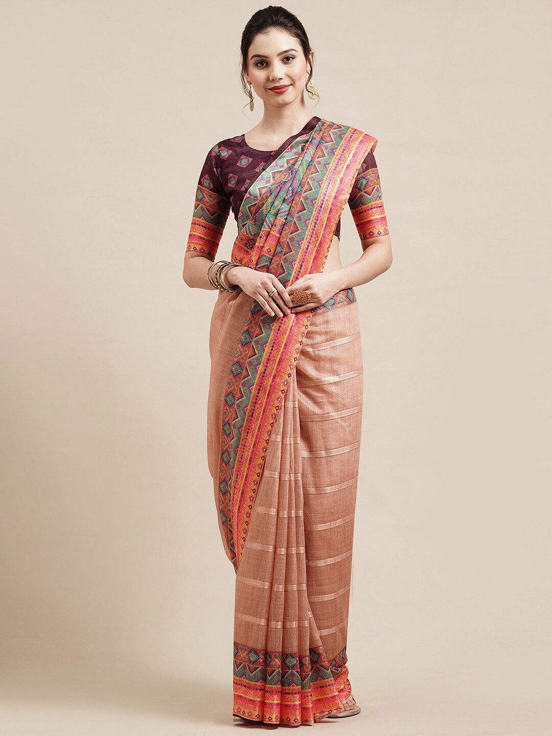 

Saree mall Beige & Blue Striped Linen Blend Sarees
