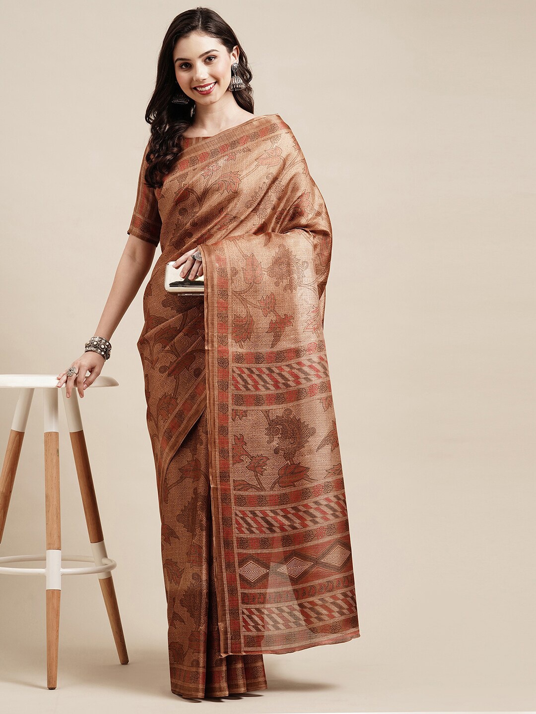 

Saree mall Brown & Red Floral Art Silk Bhagalpuri Sarees