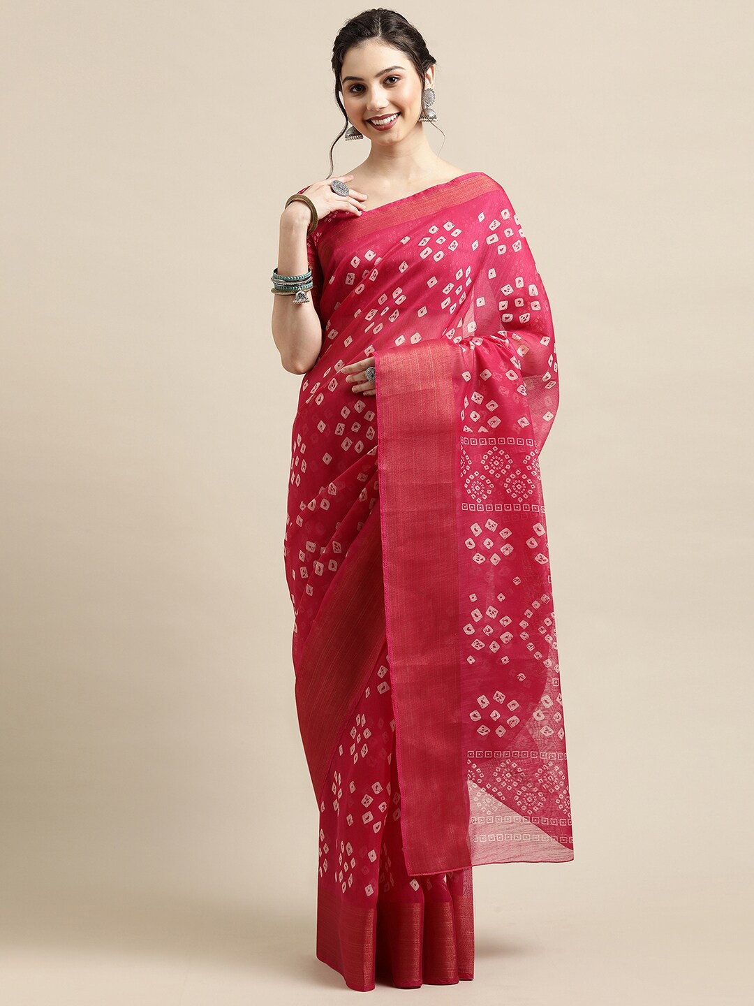 

Saree mall Pink & White Bandhani Zari Linen Blend Bandhani Sarees